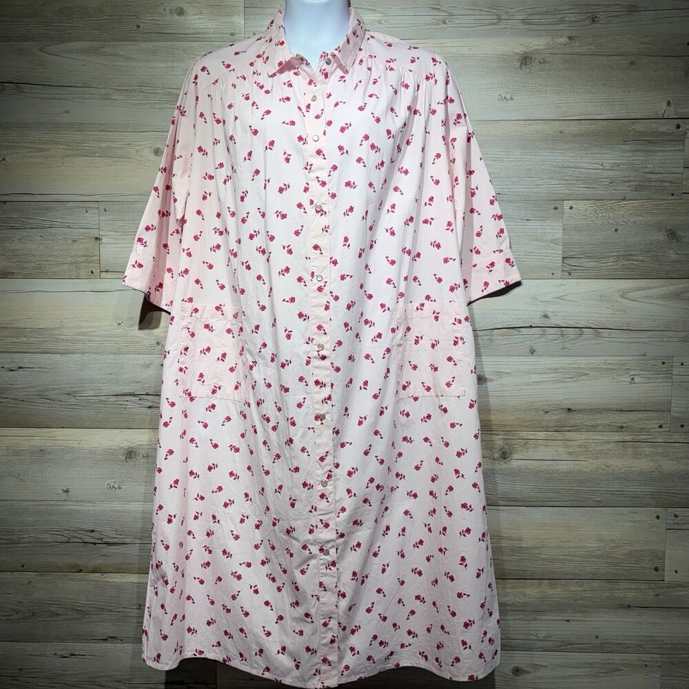 National House Dress Snap-Up Mumu Nightgown 2X Pink Floral Cotton Cottage Granny
